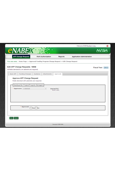 Figure 8: Screenshot of the AFP Change Request Edit page, showing the fifth tab — the Approve AFP Change Request