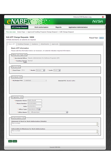 Figure 4: Screenshot of the AFP Change Request Edit page, showing the first tab —  Basic AFP Information