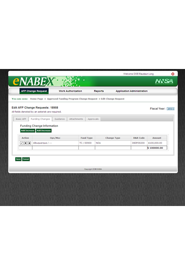 Figure 5: Screenshot of the AFP Change Request Edit page, showing the second tab — Funding Change Information