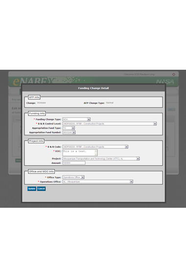 Figure 6: Screenshot of the AFP Change Request Edit page, showing the Funding Change Detail modal overlay