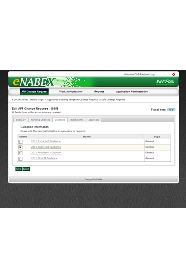 Figure 7: Screenshot of the AFP Change Request Edit page, showing the third tab — Guidance Information
