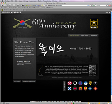 Screenshot of the US Army Korean War 60th Anniversary subsite homepage