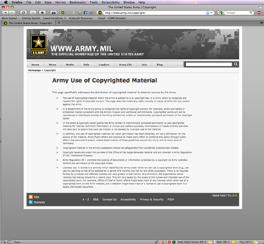 Screenshot of the US Army copyright page, a standard internal page layout