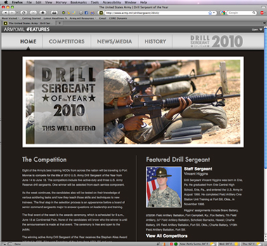 Screenshot of the US Army 2010 Drill Sergeant of the Year subsite homepage