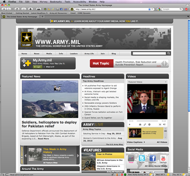 Screenshot of the US Army homepage