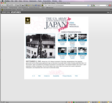 Screenshot of the US Army Post War Japan subsite homepage