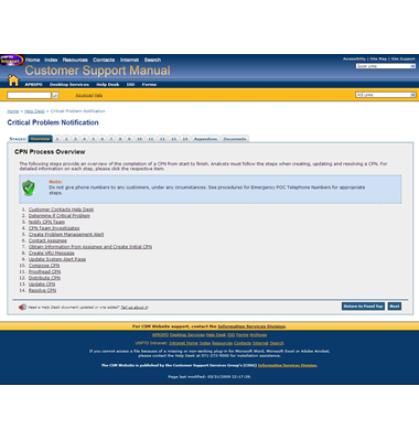 Screenshot of the Critical Problem Notification homepage