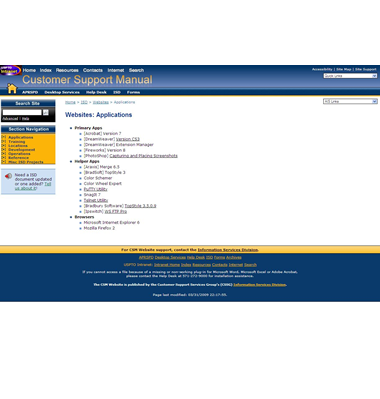 Screenshot of the Information Service Division's Application page showing the left-side submenu system