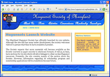 Screenshot of the Huguenot Society of Maryland home page, circa 2005