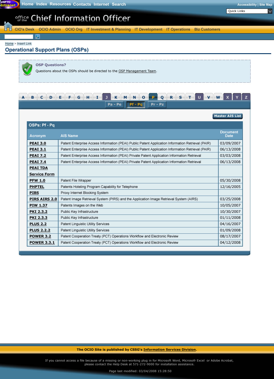 Mock-up of CIO Operational Support Plans (OSPs)